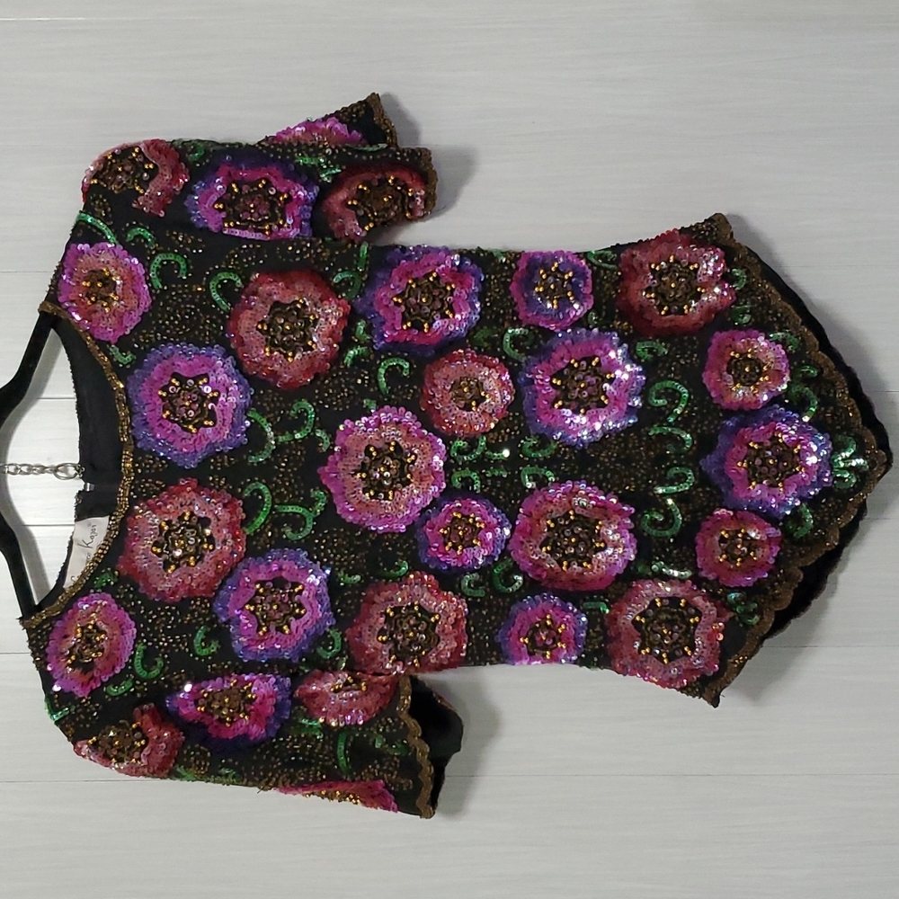 Vintage silk Laurence Kazar floral heavily beaded  embellished party blouse